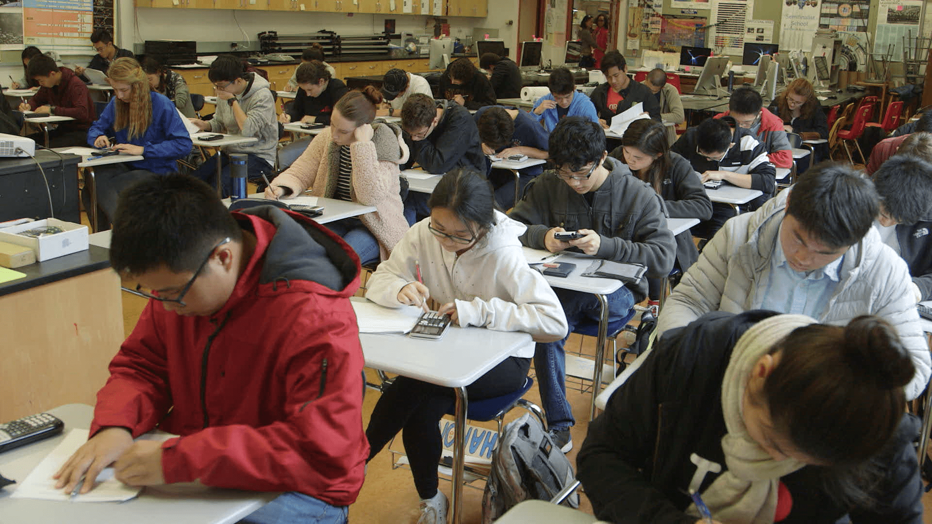 taking AP Physics midterms at Lowell High