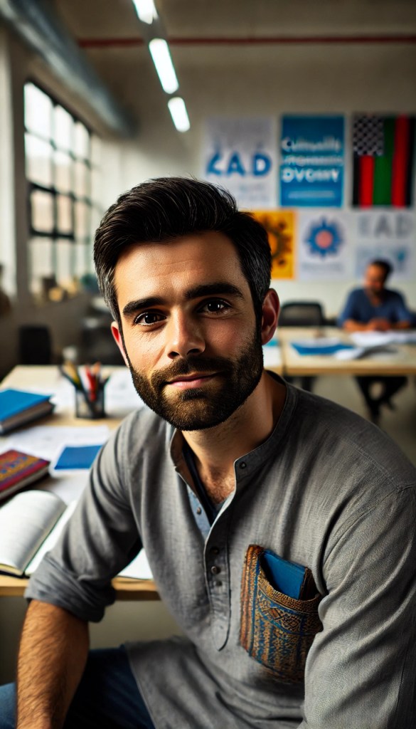 From Survival to Success: The Stories of Afghan, Bhutanese, Vietnamese, and African Refugees in Australia 2 DALL·E 2024 06 20 15.44.04 A portrait of Ahmad a former teacher from Kabul. Ahmad has a kind expression with short dark hair and a trimmed beard. He is wearing a casual shirt 2